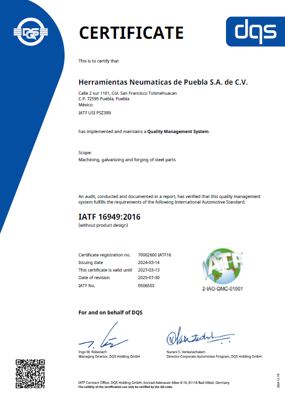 Certificado IATF 16949:2016 de Forja en Frío de Puebla, proveedor Tier 1 automotriz