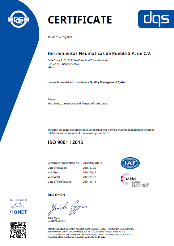 Certificado ISO 9001:2015 de Forja en Frío de Puebla